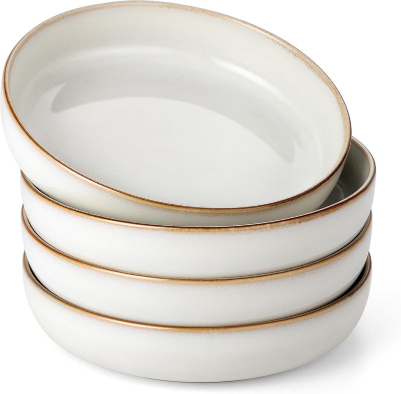 E-far Efar Pasta Bowls Set of 4 35oz Large Salad Bowls for Serving Wide and Shallow Ceramic Plates for Kitchen Double Reactive Glaze Microwave and Dishwasher Safe Seashell White - Image 1