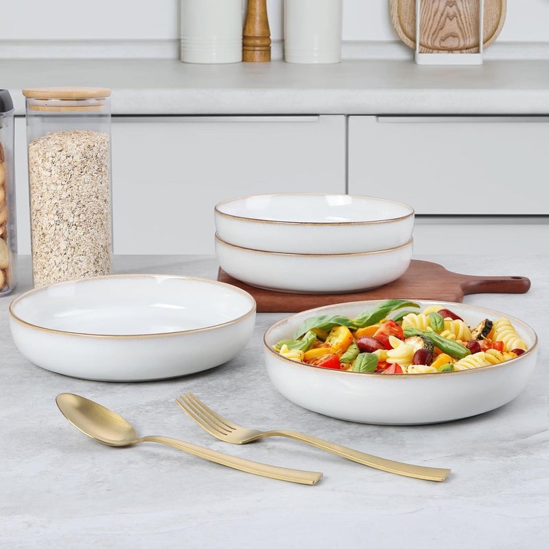 E-far Efar Pasta Bowls Set of 4 35oz Large Salad Bowls for Serving Wide and Shallow Ceramic Plates for Kitchen Double Reactive Glaze Microwave and Dishwasher Safe Seashell White - Image 4