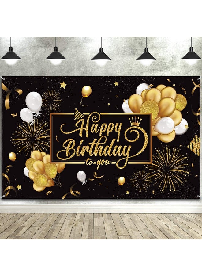 Blulu Happy Birthday Backdrop Banner Sign Poster Large Fabric Glitter Balloon Fireworks Sign Birthday Photo Backdrop Background For Birthday Party Decoration Supplies, 72.8 X 43.3In (Black And Gold) - Image 1
