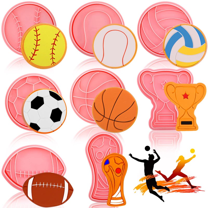 Hoolerry 8 Pieces Sport Ball and Birthday Cookie Stamps with Plunger Cutters Set 3D Football Volleyball Soccer Basketball Cake Flower Shape Biscuit Cutter Cookie Stamps for DIY Cookie Supplies (Ball Style) - Image 1