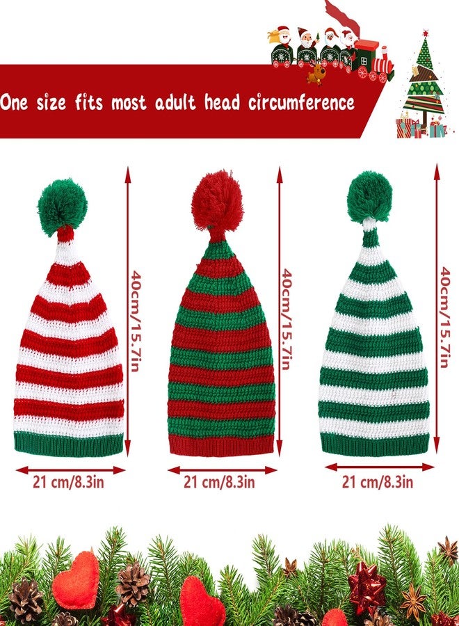Whaline 3 Pcs Christmas Knitted Beanies Red Green Striped Elf Hat with Pom Soft Warm Xmas Winter Crochet Hats Santa Hat for Adult - Image 2
