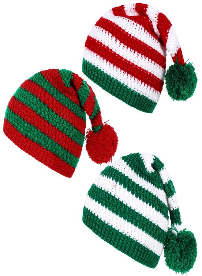 Whaline 3 Pcs Christmas Knitted Beanies Red Green Striped Elf Hat with Pom Soft Warm Xmas Winter Crochet Hats Santa Hat for Adult - Image 1