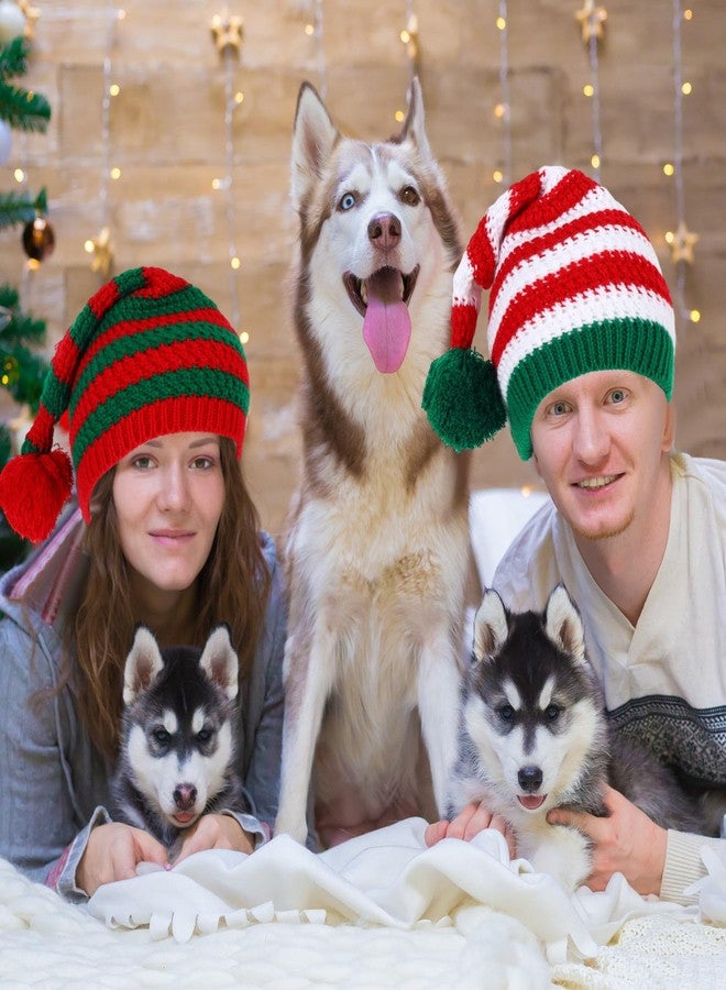 Whaline 3 Pcs Christmas Knitted Beanies Red Green Striped Elf Hat with Pom Soft Warm Xmas Winter Crochet Hats Santa Hat for Adult - Image 5