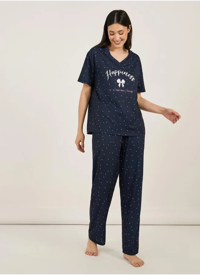 Styli V Neck Dropped Shoulder Slogan T-Shirt & Spot Print Pyjama Set