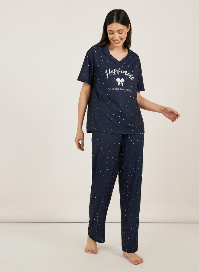 Styli V Neck Dropped Shoulder Slogan T-Shirt & Spot Print Pyjama Set  - Image 2