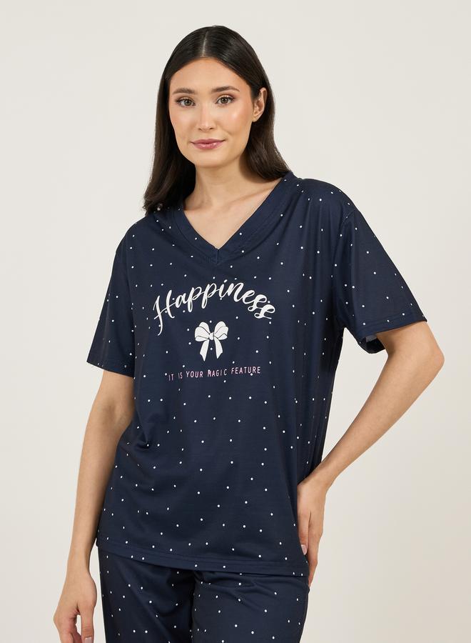 Styli V Neck Dropped Shoulder Slogan T-Shirt & Spot Print Pyjama Set  - Image 3