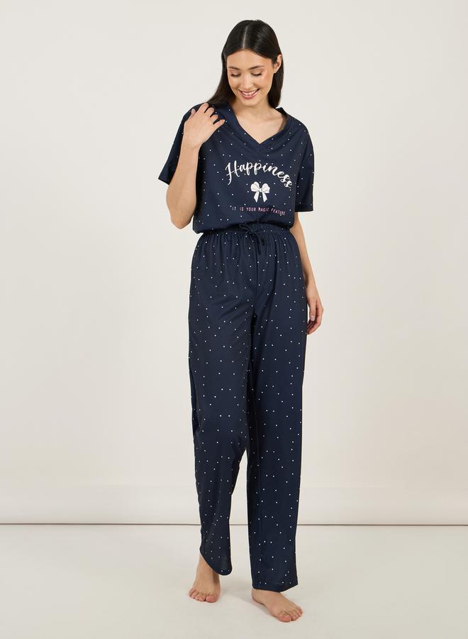 Styli V Neck Dropped Shoulder Slogan T-Shirt & Spot Print Pyjama Set  - Image 5