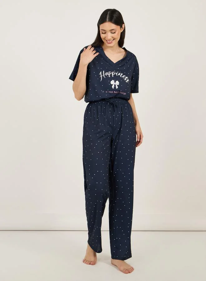 Styli V Neck Dropped Shoulder Slogan T-Shirt and Spot Print Pyjama Set