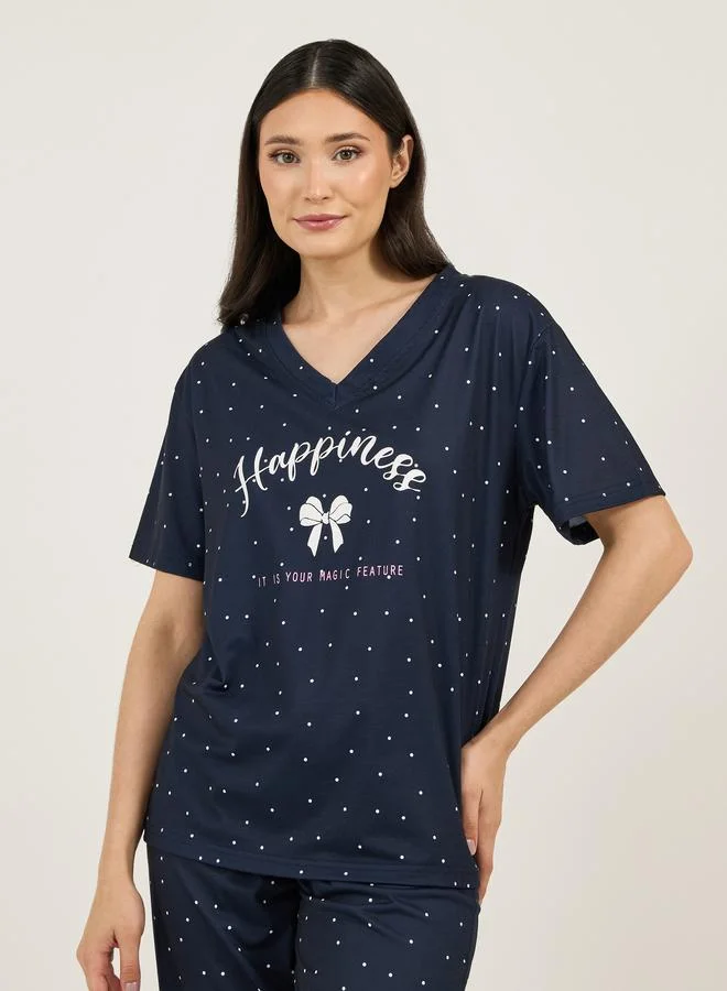 Styli V Neck Dropped Shoulder Slogan T-Shirt and Spot Print Pyjama Set