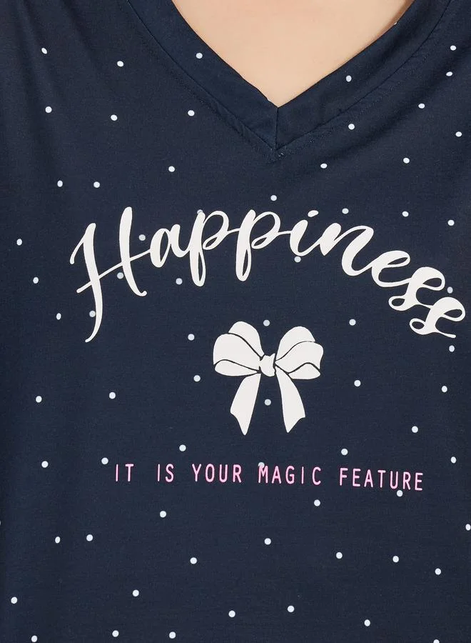 Styli V Neck Dropped Shoulder Slogan T-Shirt and Spot Print Pyjama Set