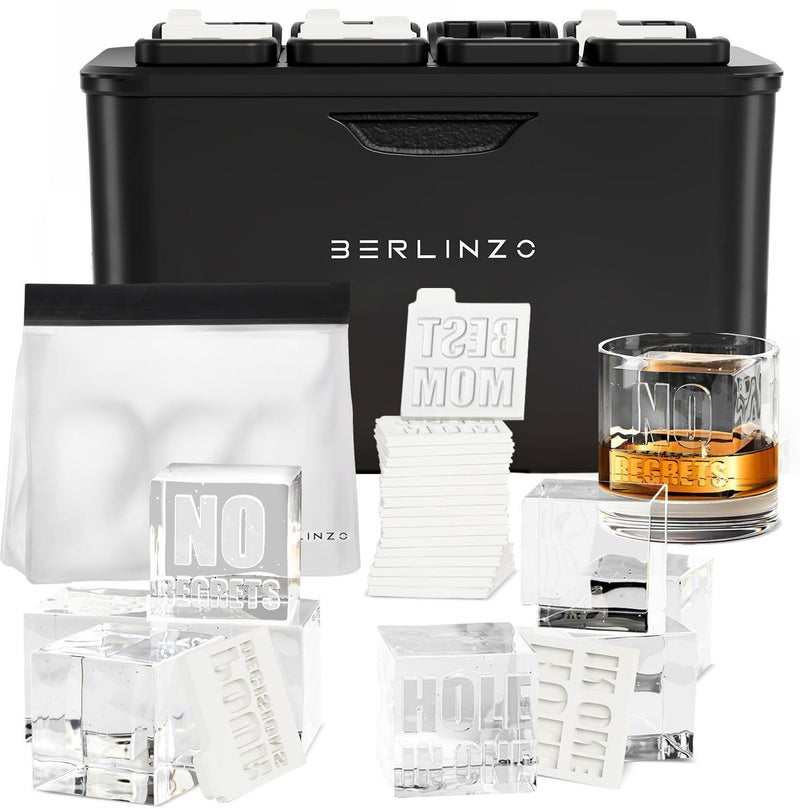 Berlinzo Premium Clear Ice Cube Maker with Conversation Ice Prints â€“ 8 Large 2.1" Crystal Clear Ice Squares â€“ Giftable Idea for Party, Game Night & Just for Fun â€“ Includes Storage Bag (Non-Electric) - Image 1