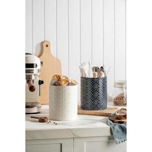 MIKIGEY Kitchen Utensil Holder, 6x7 inch Large Ceramic Utensil Holder with Embossed Pattern, Cooking Utensil Crocks for Kitchen Countertop, Home Decor, Off-White - Image 3