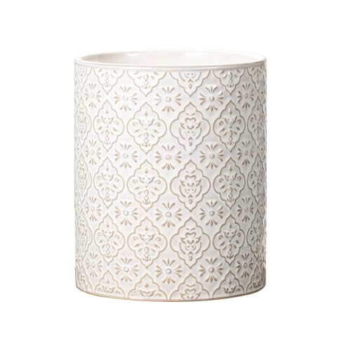 MIKIGEY Kitchen Utensil Holder, 6x7 inch Large Ceramic Utensil Holder with Embossed Pattern, Cooking Utensil Crocks for Kitchen Countertop, Home Decor, Off-White - Image 1