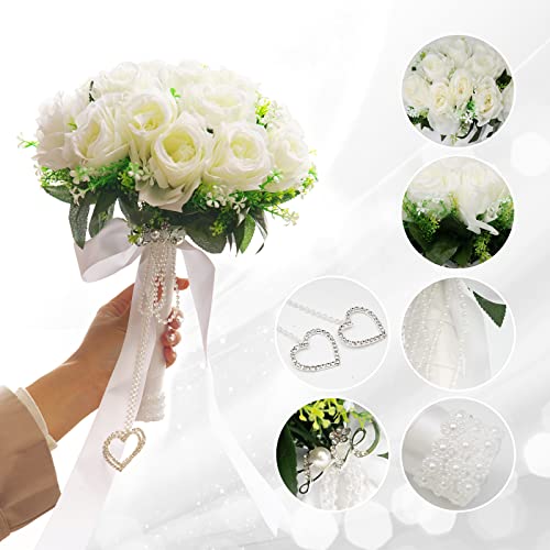 LEIFENY Wedding Bouquets for Bride, White Bridal Bridesmaid Wedding Flowers with Silk Ribbon and Rhinestones, Artificial Toss Rose for Civil Ceremony - Image 3