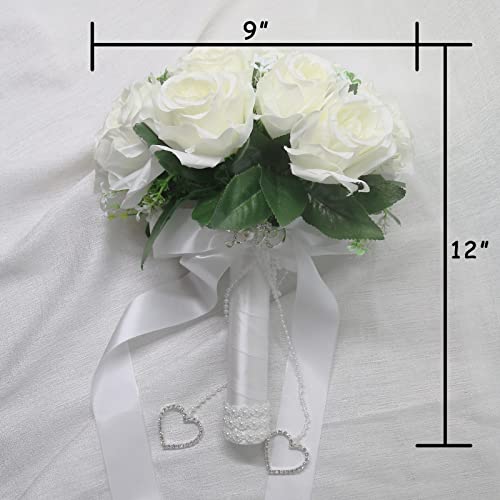 LEIFENY Wedding Bouquets for Bride, White Bridal Bridesmaid Wedding Flowers with Silk Ribbon and Rhinestones, Artificial Toss Rose for Civil Ceremony - Image 2
