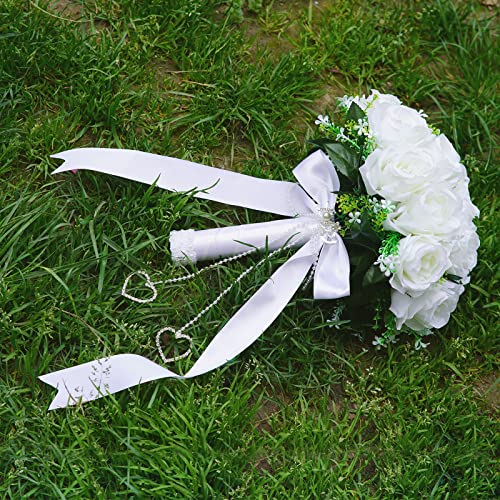 LEIFENY Wedding Bouquets for Bride, White Bridal Bridesmaid Wedding Flowers with Silk Ribbon and Rhinestones, Artificial Toss Rose for Civil Ceremony - Image 5