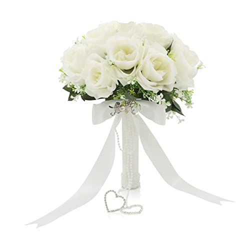 LEIFENY Wedding Bouquets for Bride, White Bridal Bridesmaid Wedding Flowers with Silk Ribbon and Rhinestones, Artificial Toss Rose for Civil Ceremony - Image 1