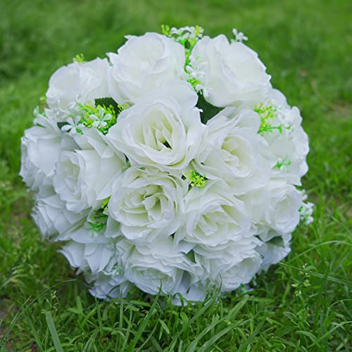 LEIFENY Wedding Bouquets for Bride, White Bridal Bridesmaid Wedding Flowers with Silk Ribbon and Rhinestones, Artificial Toss Rose for Civil Ceremony - Image 4