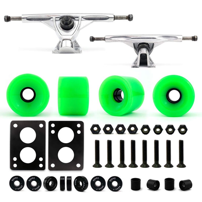 VJ Skateboard Longboard Truck and Wheel, 70mm Long Board Wheels w 7inch 180mm Skateboard Trucks (Silver) Longboard Bearings Longboard Hardware Skateboard Riser Pads (Neon Green) - Image 1