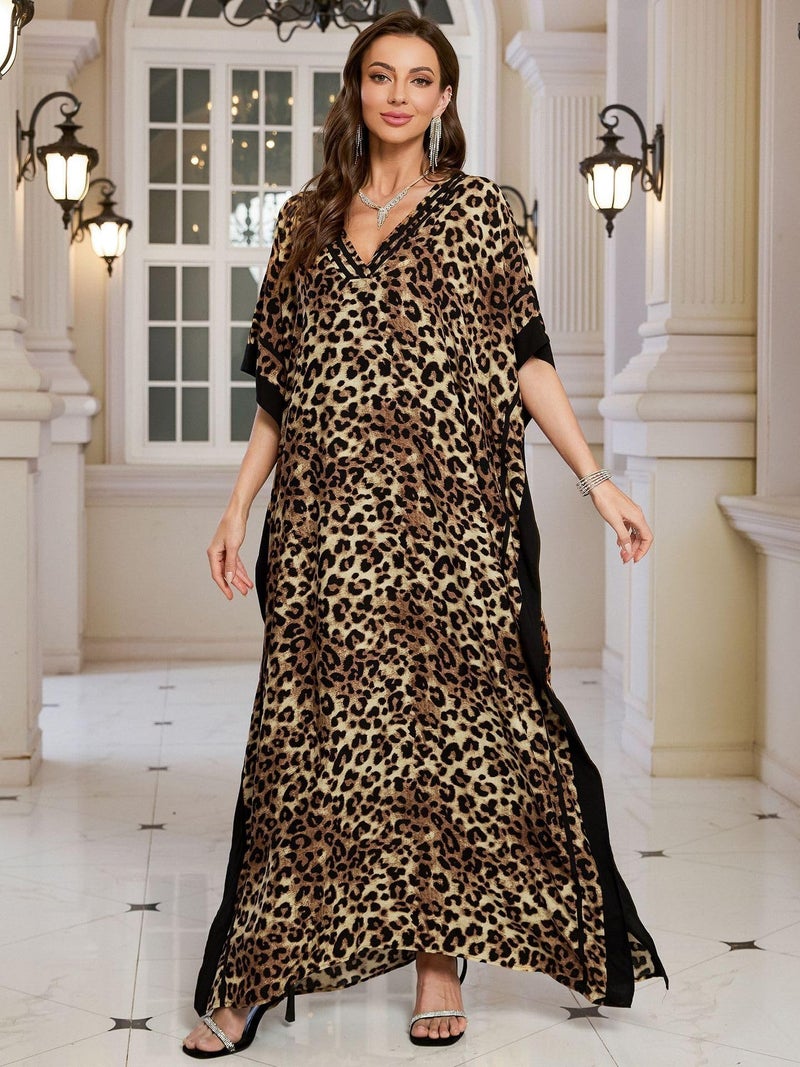 KECVOT Kaftan Dresses for Women V Neck Batwing Sleeve Plus Size Caftans Swimwear Coverups Maxi Beach Dresses Leopard Print - Image 3