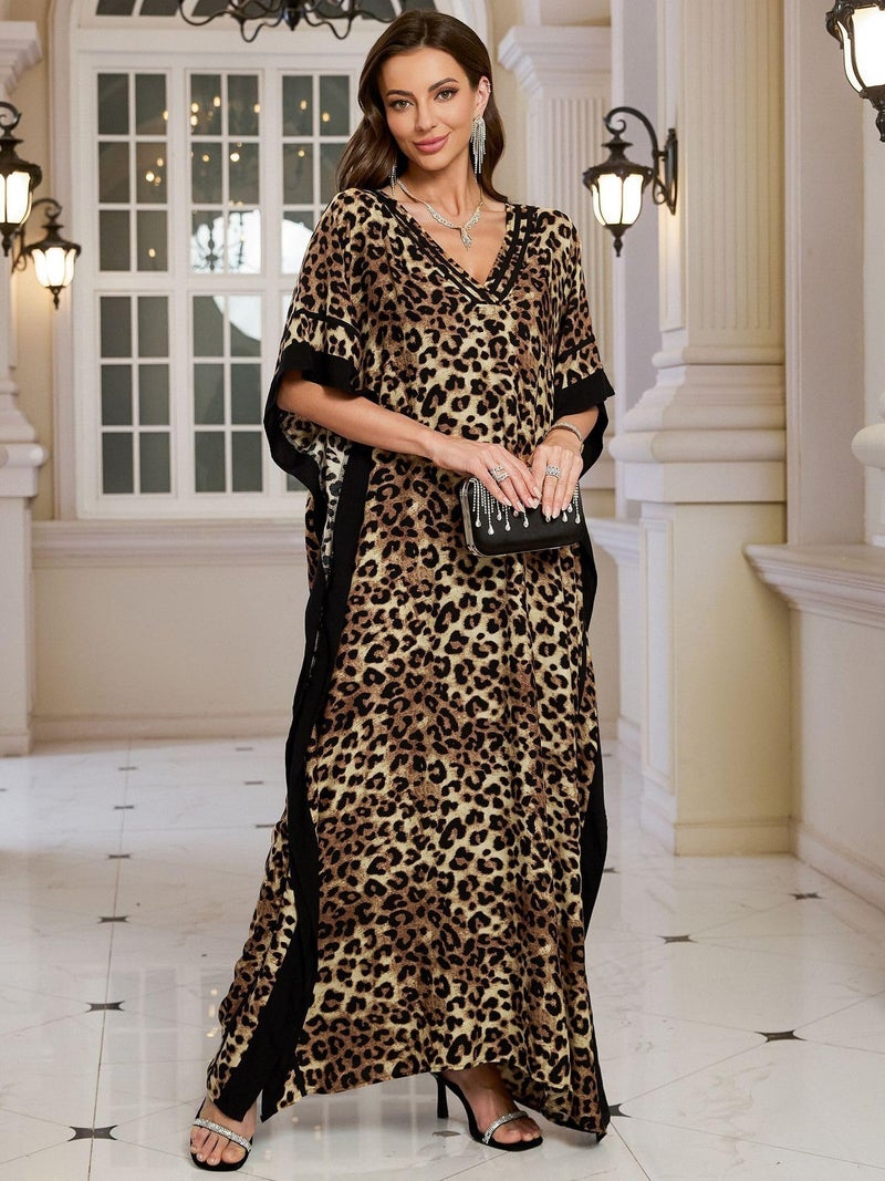 KECVOT Kaftan Dresses for Women V Neck Batwing Sleeve Plus Size Caftans Swimwear Coverups Maxi Beach Dresses Leopard Print - Image 2