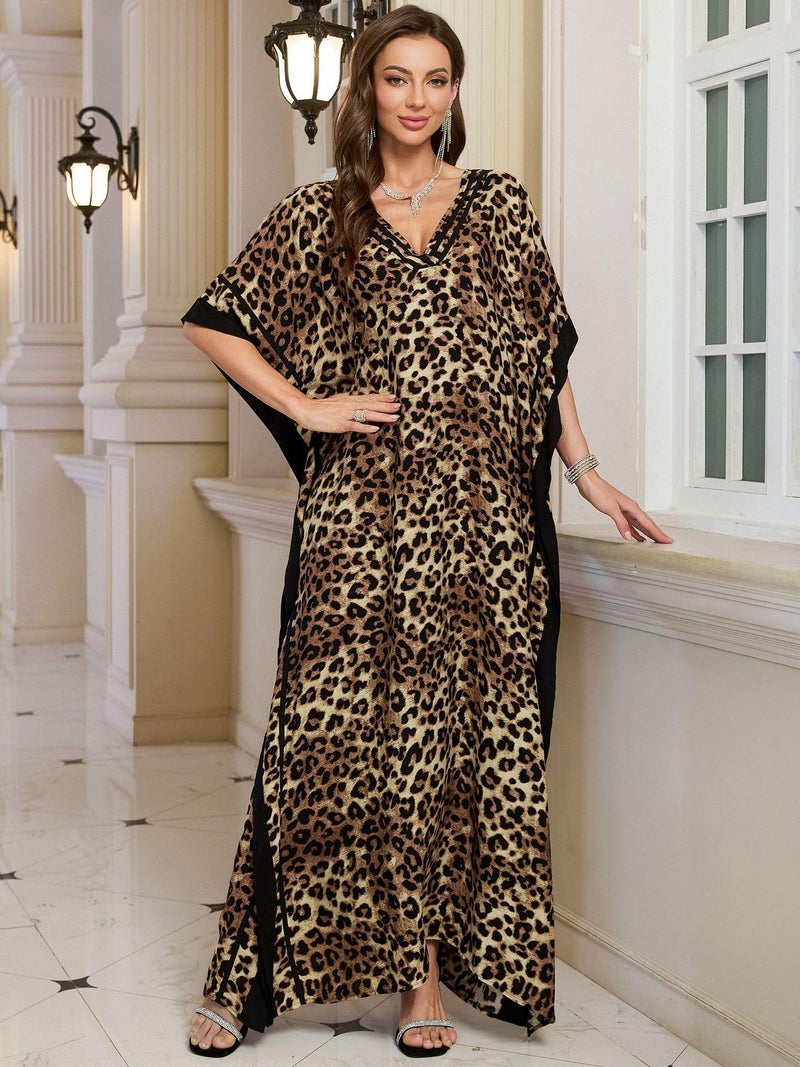 KECVOT Kaftan Dresses for Women V Neck Batwing Sleeve Plus Size Caftans Swimwear Coverups Maxi Beach Dresses Leopard Print - Image 4