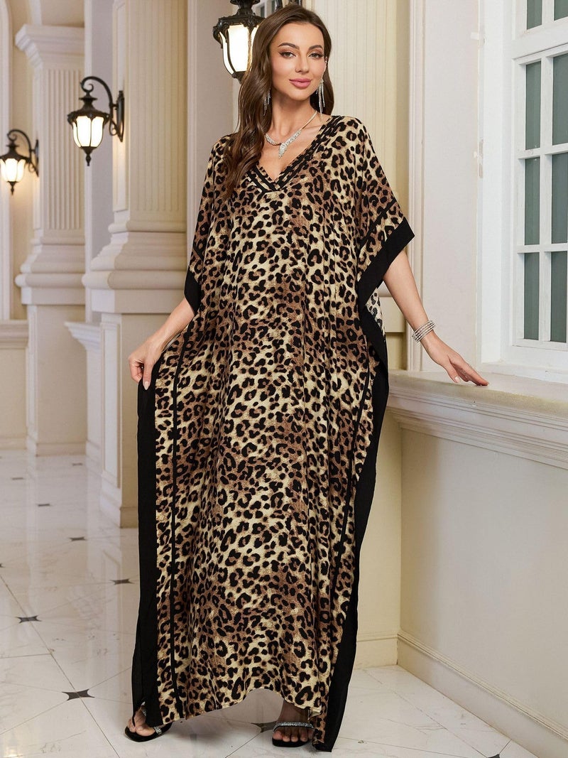 KECVOT Kaftan Dresses for Women V Neck Batwing Sleeve Plus Size Caftans Swimwear Coverups Maxi Beach Dresses Leopard Print - Image 5