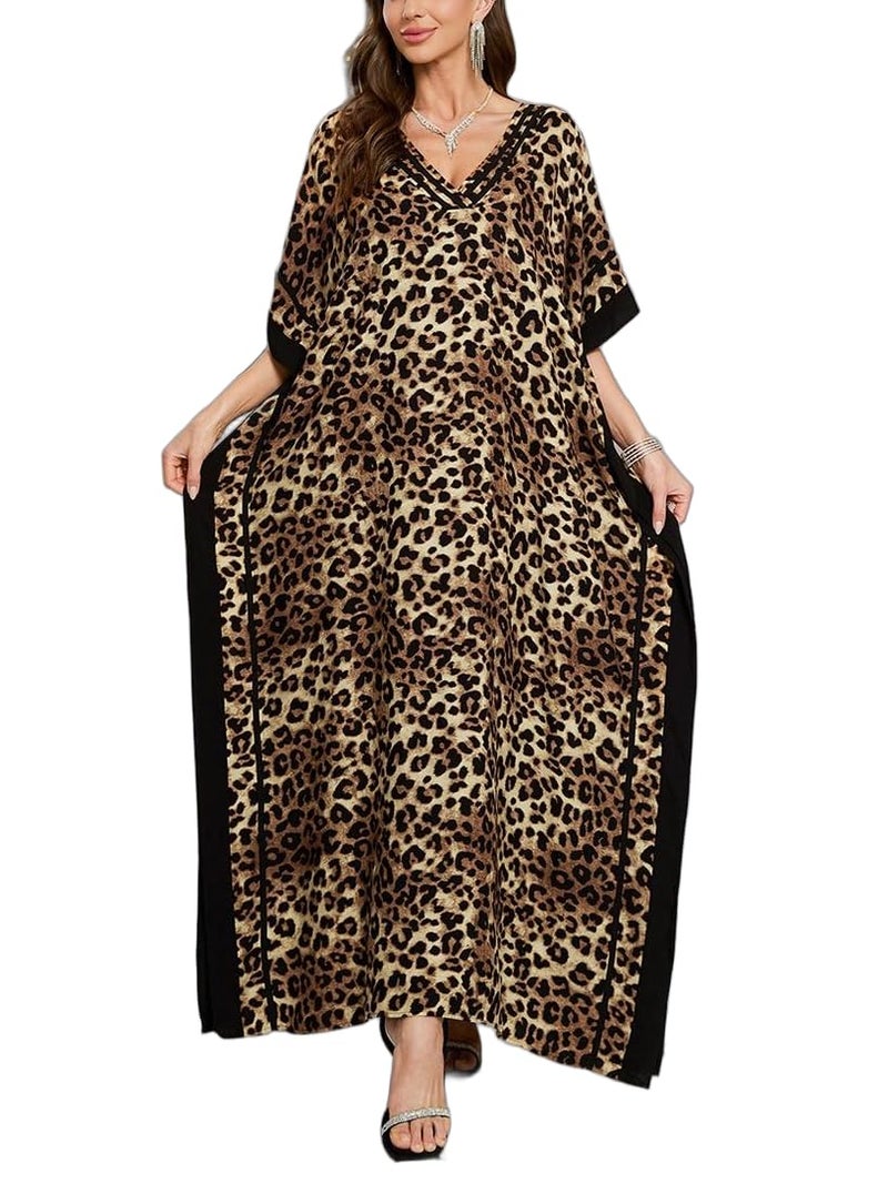 KECVOT Kaftan Dresses for Women V Neck Batwing Sleeve Plus Size Caftans Swimwear Coverups Maxi Beach Dresses Leopard Print - Image 1