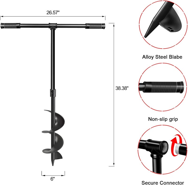 Longrun Manual Garden Hole Digging Drill Bit, Hand Drill Auger Post Hole Digger for Planting, Spiral Drill Planter for Bulb, Flower, Tree, Seedlings, Bedding Plants, Umbrella, Fence Holes-6"x 38" - Image 3