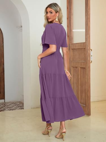 Amegoya Women's Spring Wedding Guest Maxi Dress Casual Short Sleeve Long Boho Dresses Flowy Empire Waist Elegant Dress (Prune Purple XL) - Image 5