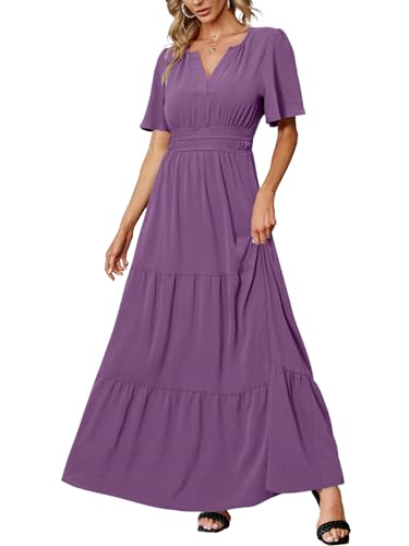Amegoya Women's Spring Wedding Guest Maxi Dress Casual Short Sleeve Long Boho Dresses Flowy Empire Waist Elegant Dress (Prune Purple XL) - Image 1