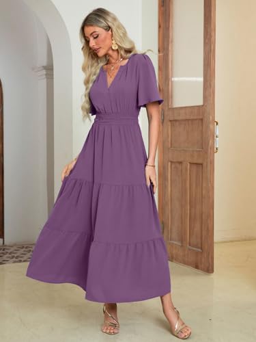 Amegoya Women's Spring Wedding Guest Maxi Dress Casual Short Sleeve Long Boho Dresses Flowy Empire Waist Elegant Dress (Prune Purple XL) - Image 3