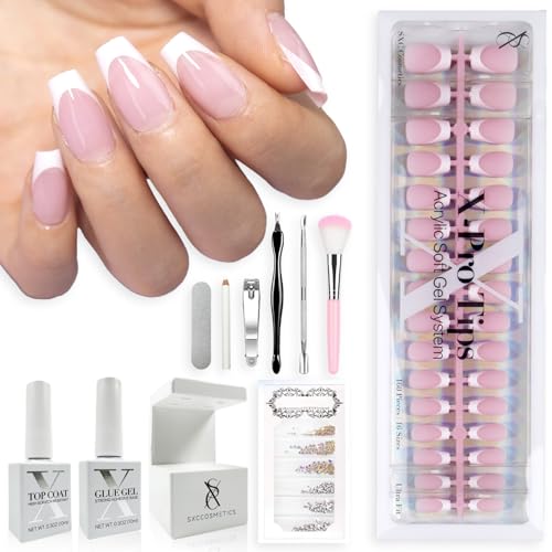 SXC Cosmetics French Tip Press On Nails Pink Series, Small Coffin X-Pro Tips Starter Kit - Image 1