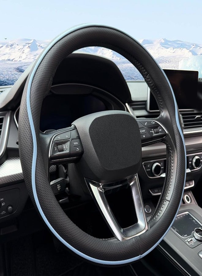 HAOTULE Leather Steering Wheel Cover， with Anti-Slip Stripe Design - Enhanced Grip, Fashion Style, Safe, Non-Slip, Breathable. Upgrade car Interior（Black Blue） - Image 1