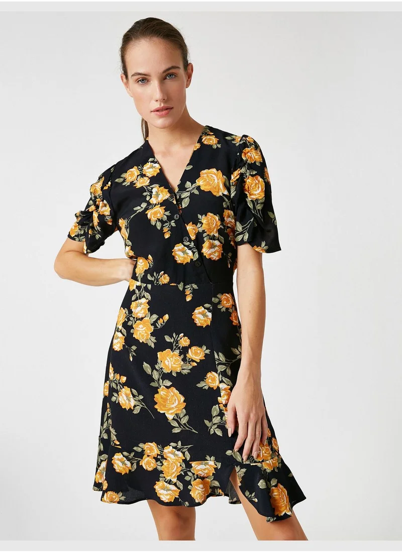 KOTON V Neck Short Sleeve Flower Printed Dress