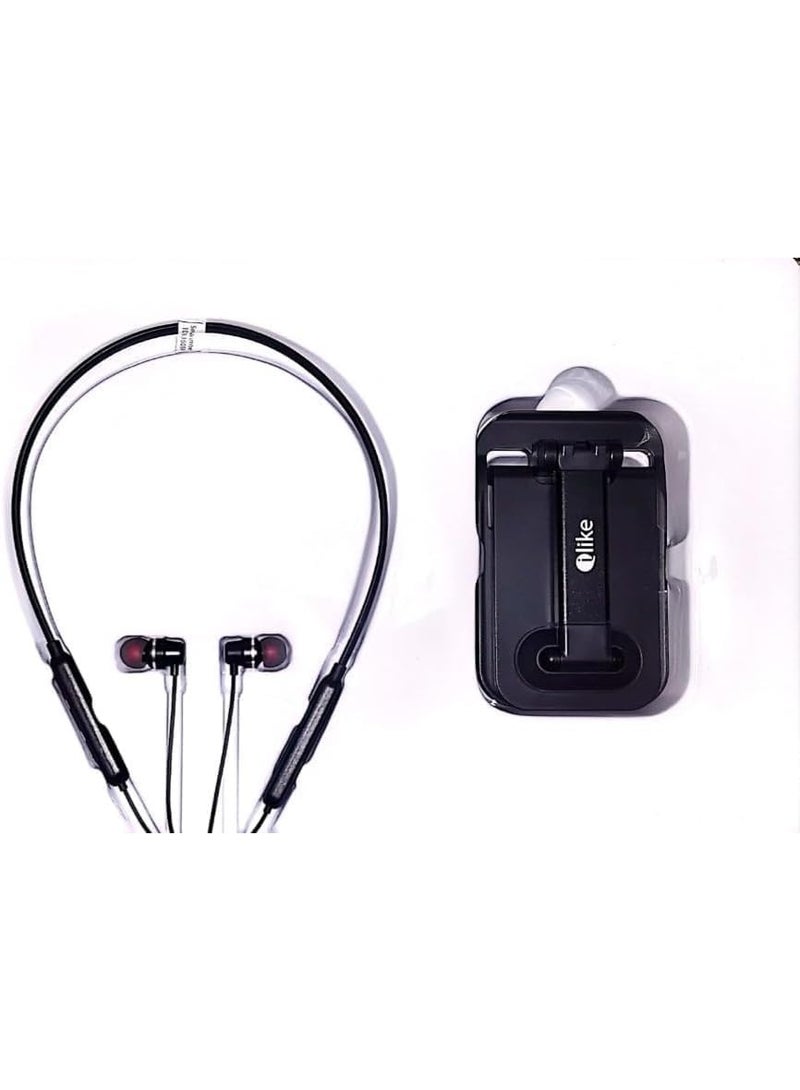 ILike TD09 Wireless Bluetooth Neckband Earphones with Desktop Phone Stand Holder - Aluminum Alloy & ABS Build - Black - Image 2