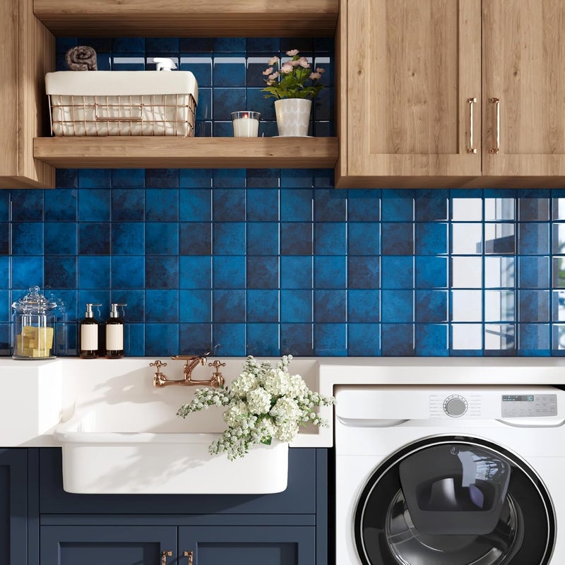 CRE8TIVE 16 Sheets Peel and Stick Tile Backsplash, 12"x12" Kitchen Backsplash Tiles, Removable Adhesive Back Splash Stick on Tiles for Kitchen, Bathroom, Shower Walls, Fireplace, Dark Blue Square Tile - Image 4
