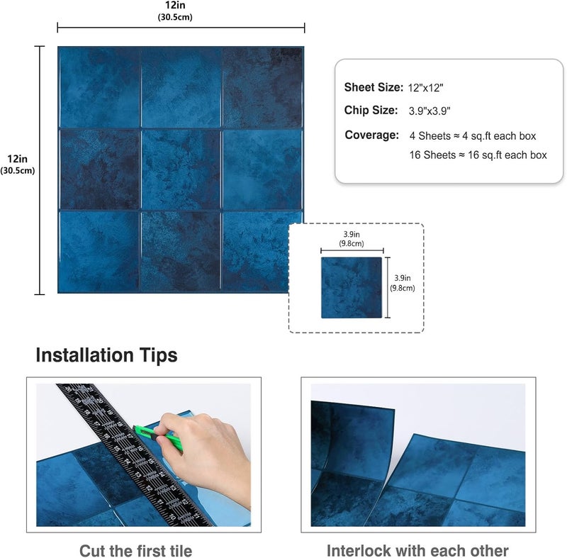 CRE8TIVE 16 Sheets Peel and Stick Tile Backsplash, 12"x12" Kitchen Backsplash Tiles, Removable Adhesive Back Splash Stick on Tiles for Kitchen, Bathroom, Shower Walls, Fireplace, Dark Blue Square Tile - Image 2