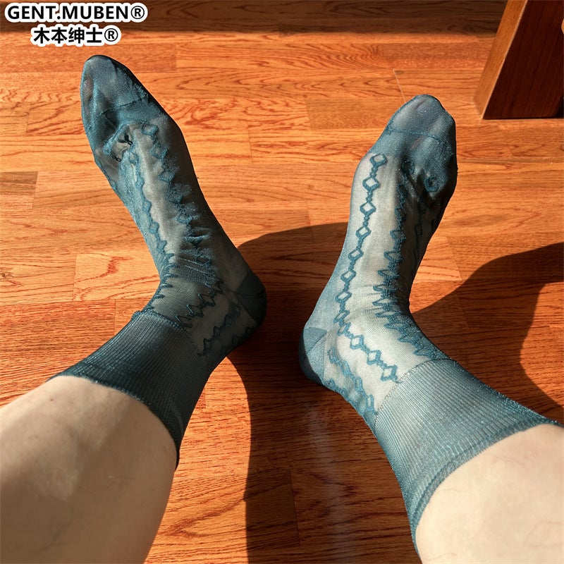 Lj02 Single Bottom Full Nylon Loose Mouth Non-Curling Rhombus Jacquard Mens Coffee Breathable Pure Color Business Formal Stockings Lj02 coffee - Image 3