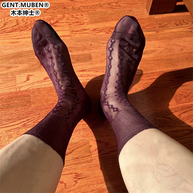 Lj02 Single Bottom Full Nylon Loose Mouth Non-Curling Rhombus Jacquard Mens Coffee Breathable Pure Color Business Formal Stockings Lj02 coffee - Image 4