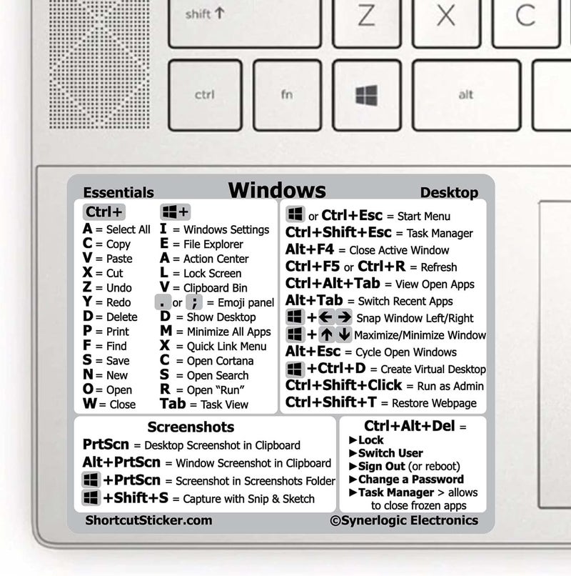 Synerlogic Windows PC Reference Keyboard Shortcut Sticker | Vinyl, Laminated Windows Shortcut Sticker for PC Laptop or Desktop | Shortcuts Cheat Sheet (White/Small) - Image 1
