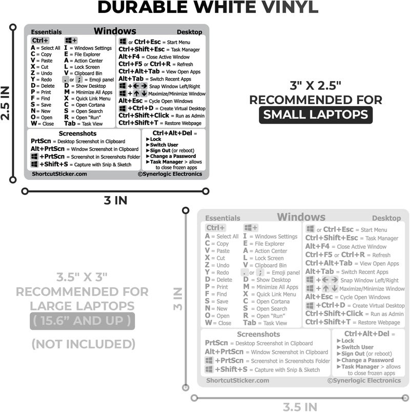 Synerlogic Windows PC Reference Keyboard Shortcut Sticker | Vinyl, Laminated Windows Shortcut Sticker for PC Laptop or Desktop | Shortcuts Cheat Sheet (White/Small) - Image 3