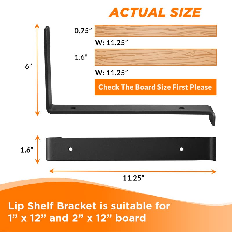 BATODA 12    Shelf Brackets with Lip (Match 11.25"" Board) - 8 Pcs Z Shelf Bracket Black - Heavy Duty Hook Brackets for Shelves - Wall Mounted Support for DIY - Shelving Hardware Included (Pack 8) - Image 2