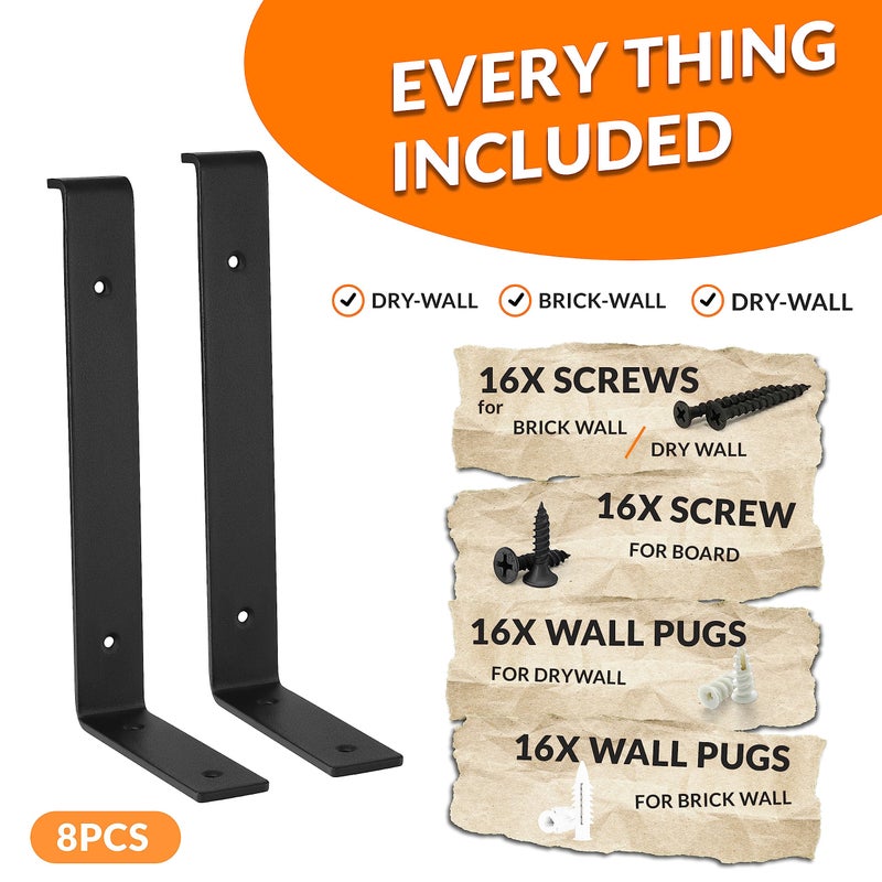 BATODA 12    Shelf Brackets with Lip (Match 11.25"" Board) - 8 Pcs Z Shelf Bracket Black - Heavy Duty Hook Brackets for Shelves - Wall Mounted Support for DIY - Shelving Hardware Included (Pack 8) - Image 3