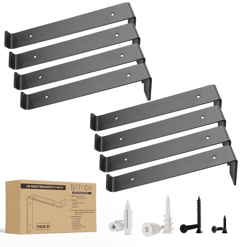 BATODA 12    Shelf Brackets with Lip (Match 11.25"" Board) - 8 Pcs Z Shelf Bracket Black - Heavy Duty Hook Brackets for Shelves - Wall Mounted Support for DIY - Shelving Hardware Included (Pack 8) - Image 1