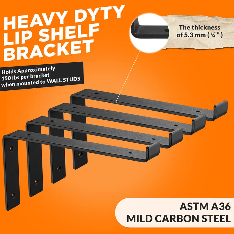 BATODA 12    Shelf Brackets with Lip (Match 11.25"" Board) - 8 Pcs Z Shelf Bracket Black - Heavy Duty Hook Brackets for Shelves - Wall Mounted Support for DIY - Shelving Hardware Included (Pack 8) - Image 4
