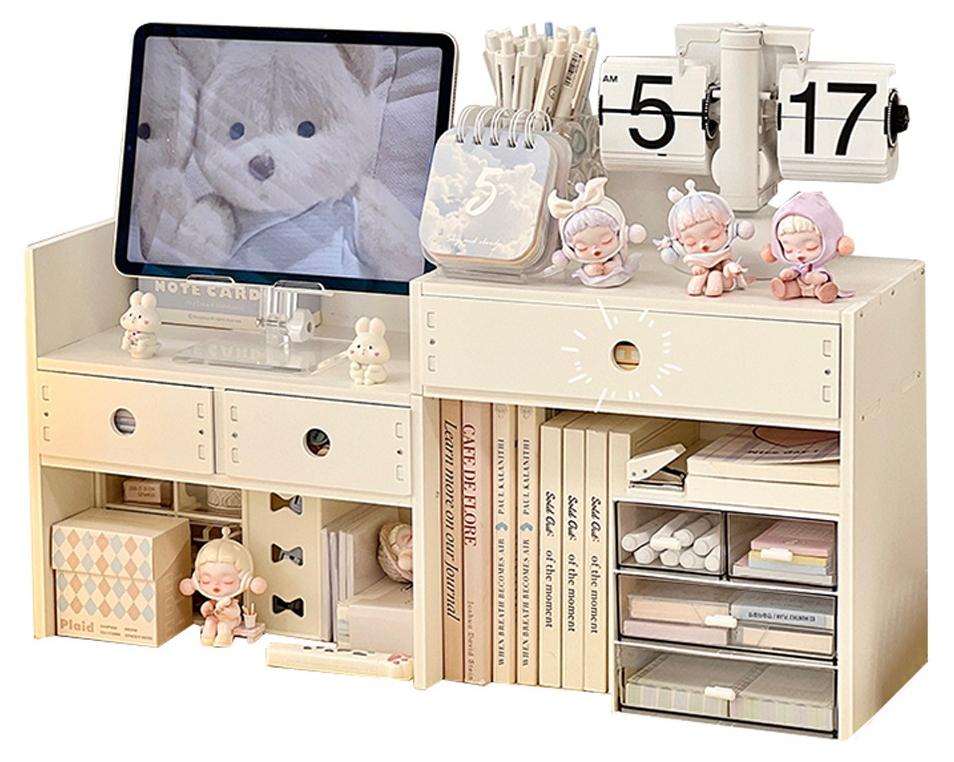 White Desktop Organizer with Drawer - Home Countertop Storage - Paper Wood Bill Letter Mail Organizer for Office Desk Accessories & Workspace Organizers