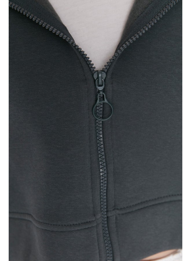 trendyol Anthracite Basic Zippered Hoody Crop Thick Fleece Inside Knitted Sweatshirt TWOAW20SW0660 - Image 4