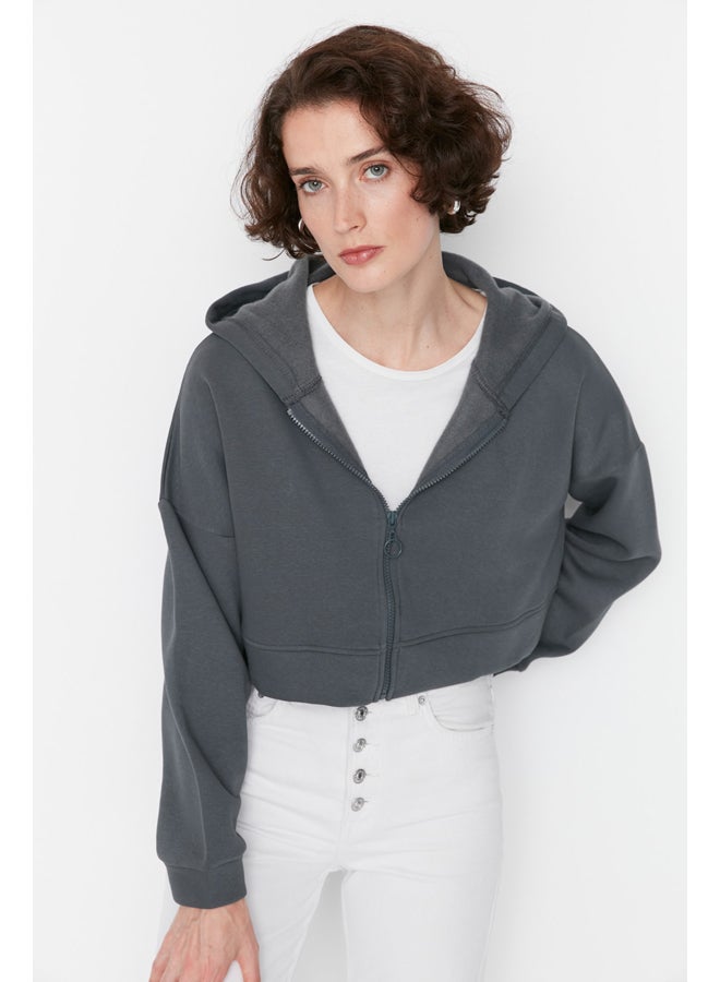 trendyol Anthracite Basic Zippered Hoody Crop Thick Fleece Inside Knitted Sweatshirt TWOAW20SW0660 - Image 2