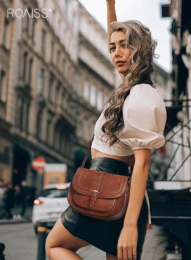 رويس حقيبة نسائية بغطاء، حقيبة كتف كبيرة الحجم على طراز السرج الكلاسيكي، حقيبة جلدية بني داكن متعددة الاستخدامات للاستخدام اليومي، تصميم مربع أفقي - Image 3